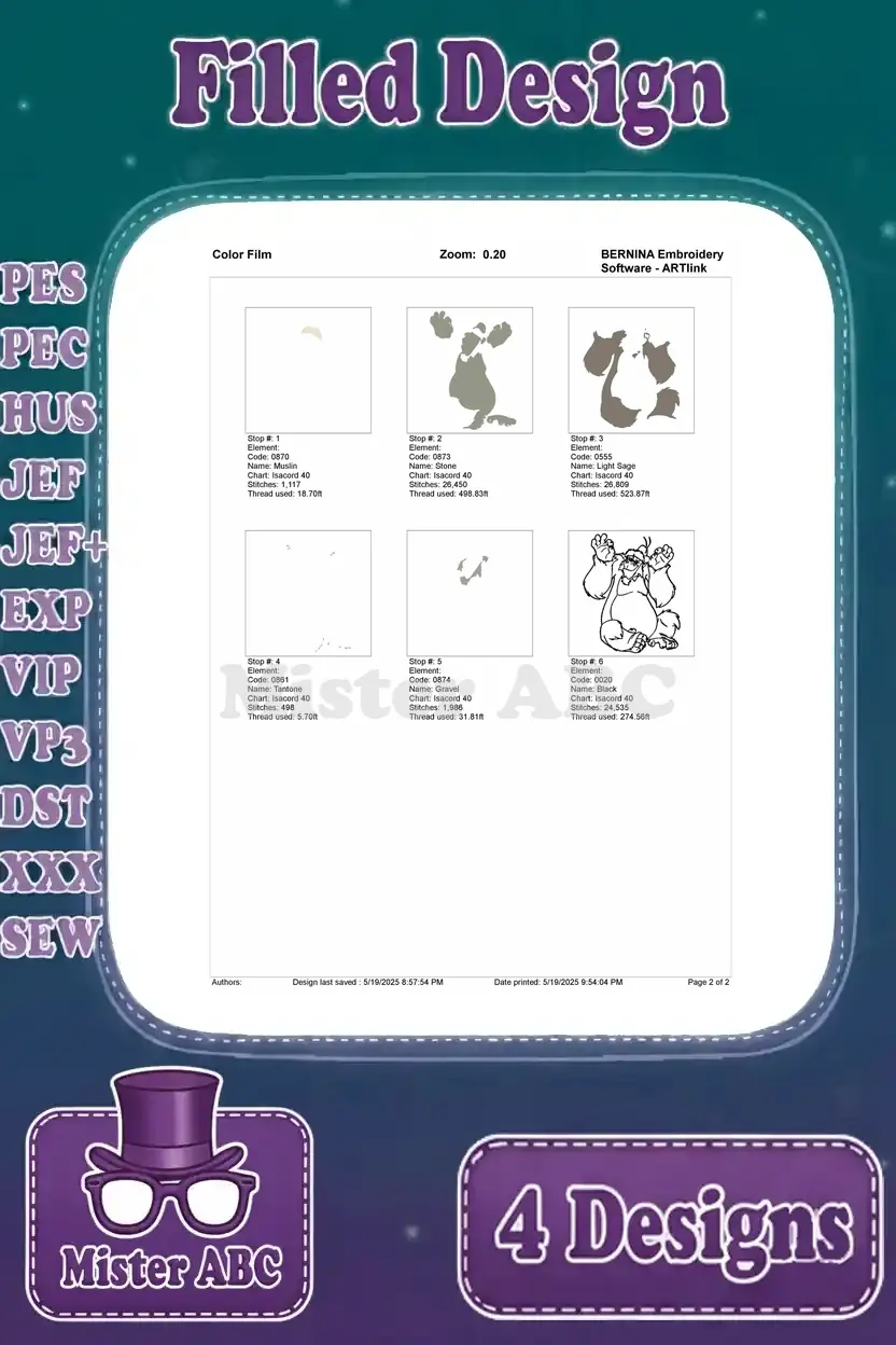 Color film breakdown for the Baloo embroidery design, showing each color stop and stitch progression for accurate stitching.