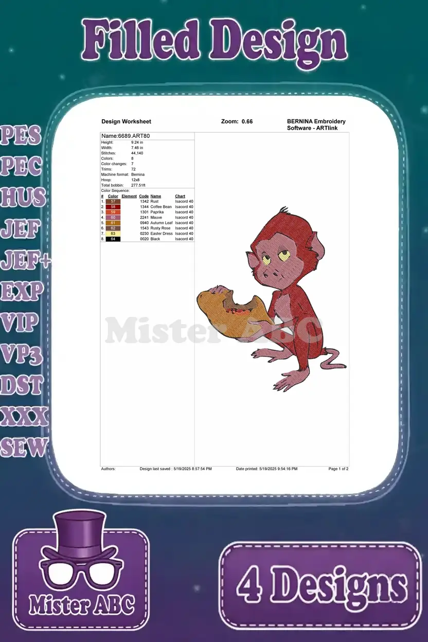 Detailed design worksheet for the red monkey eating a banana-like item, including stitch count and color information.