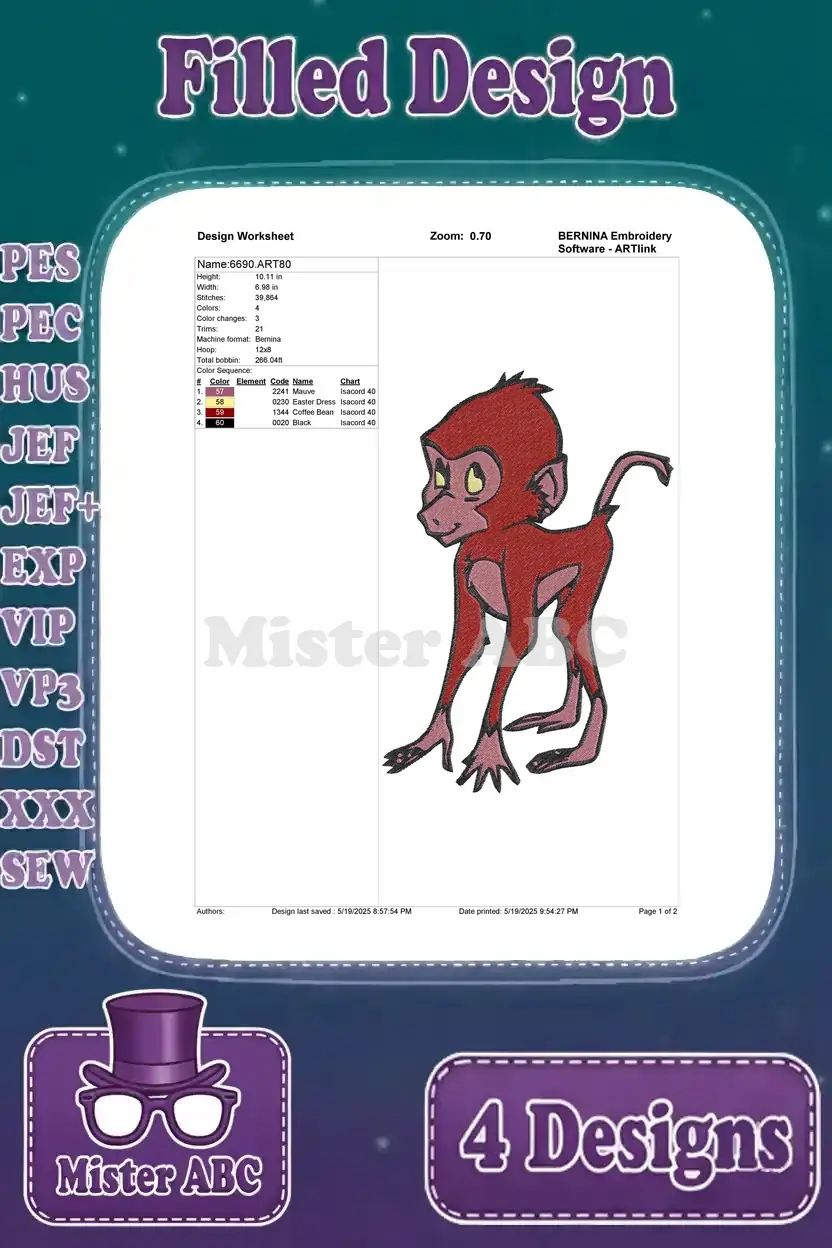 Design worksheet for the standing red monkey embroidery, outlining stitch count, color sequence, and design parameters.