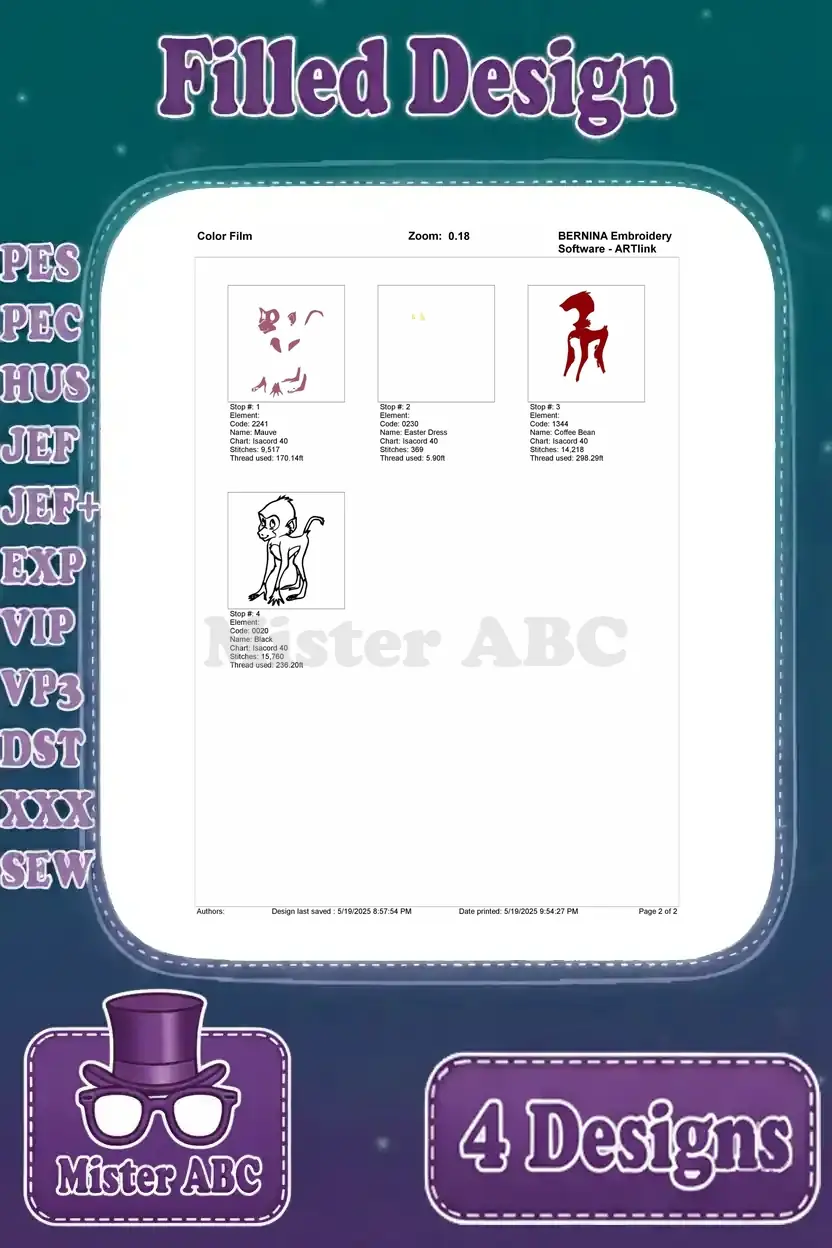 Color film breakdown for the standing red monkey embroidery, showing each color stop and stitch progression for accuracy.