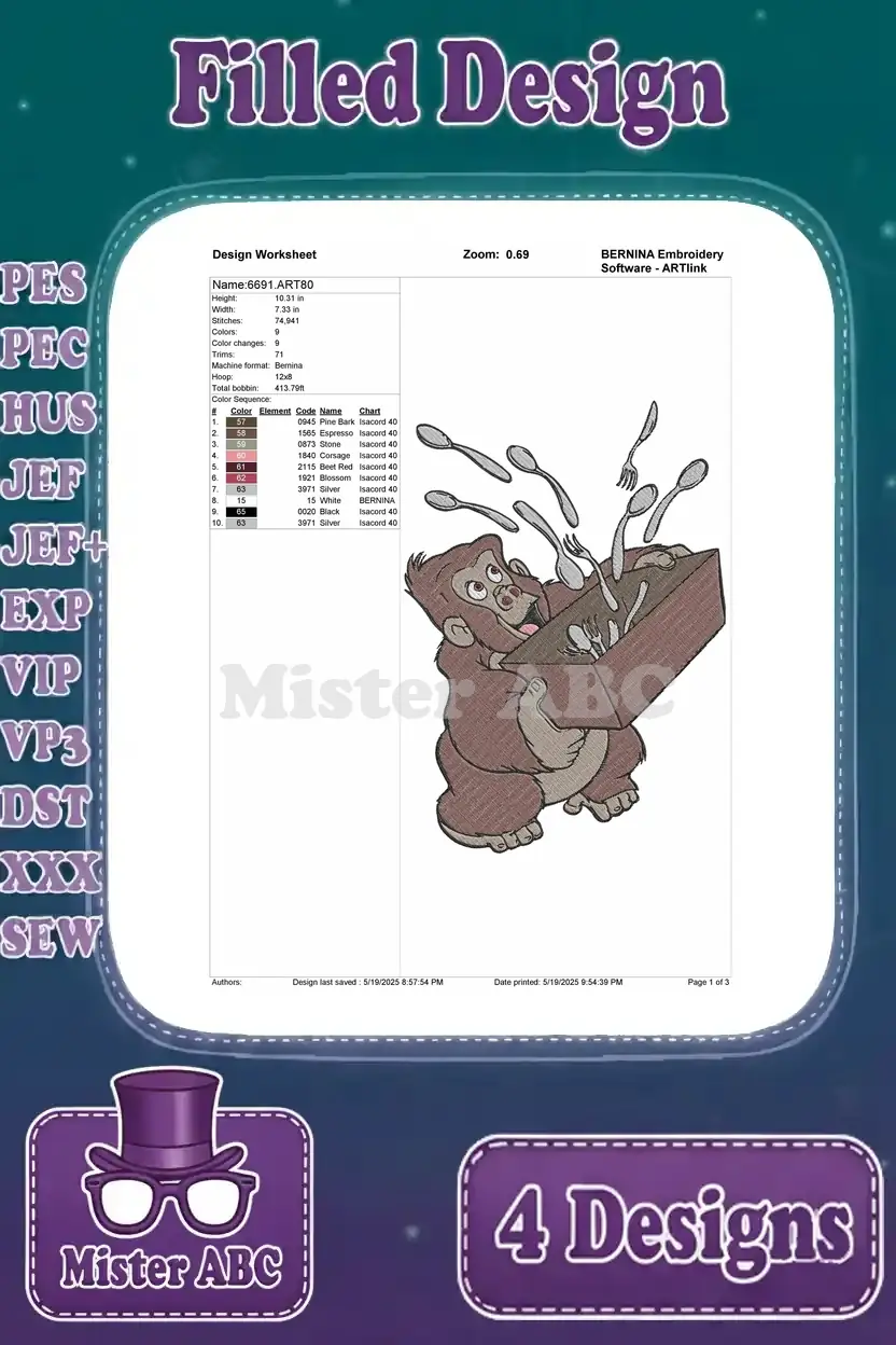 Design worksheet for the ape with spoons embroidery, detailing stitch count, color changes, and design specifications.