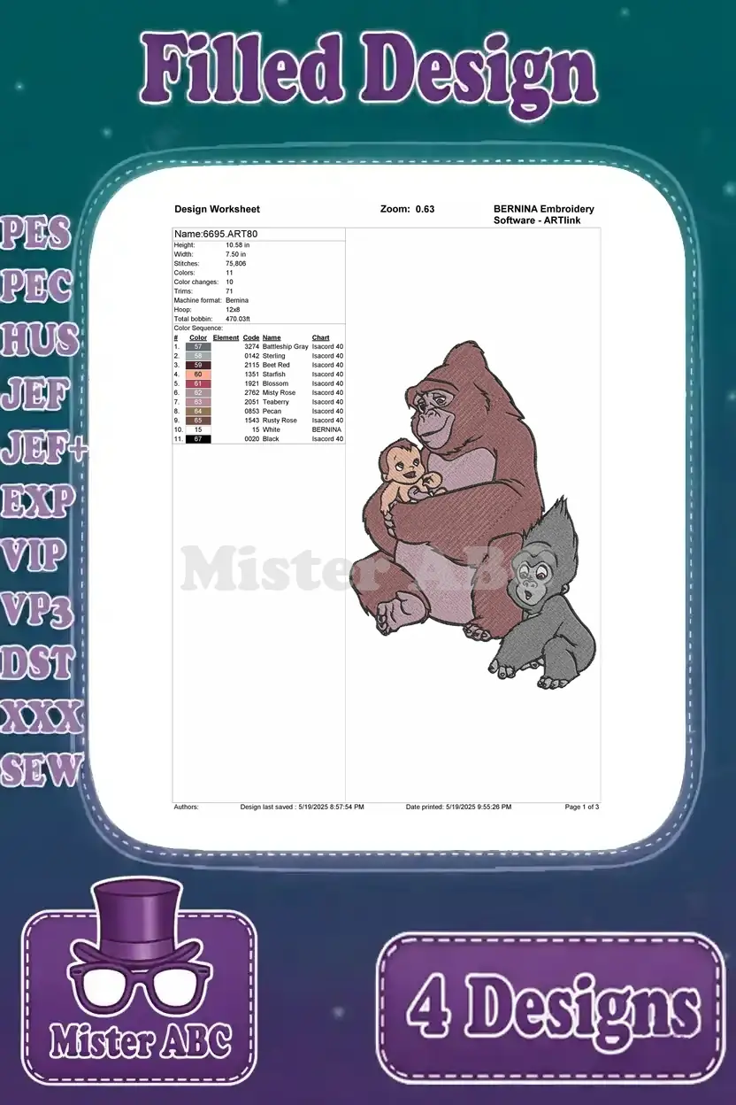 Detailed design worksheet for the third Tarzan gorilla family embroidery, showing Kala, baby Tarzan, and a young gorilla. Includes stitch counts and colors.