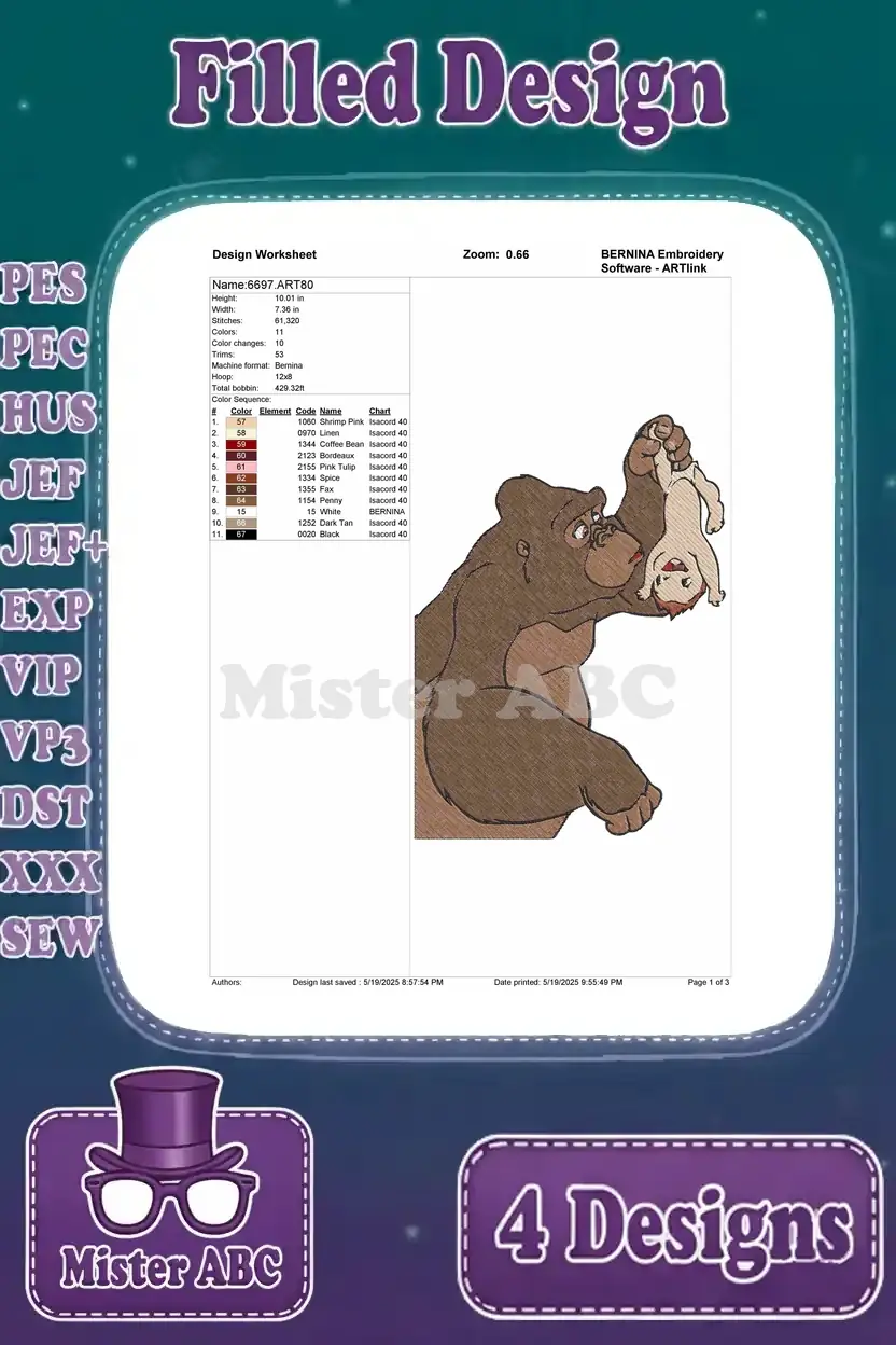 Design worksheet for a filled embroidery of Kala holding baby Tarzan upside down, detailing stitch count, dimensions, and thread colors.