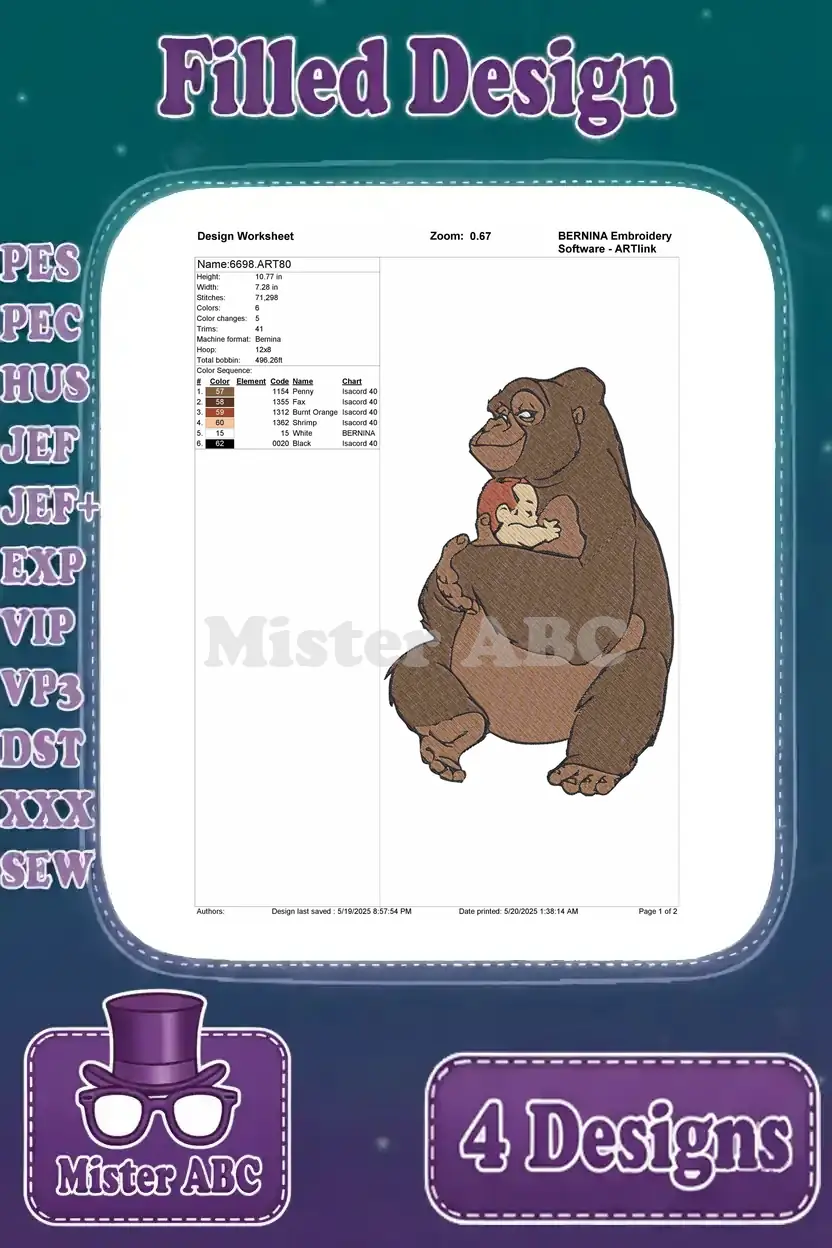 Design worksheet for a filled embroidery of Kala tenderly cradling baby Tarzan, detailing stitch information and colors.