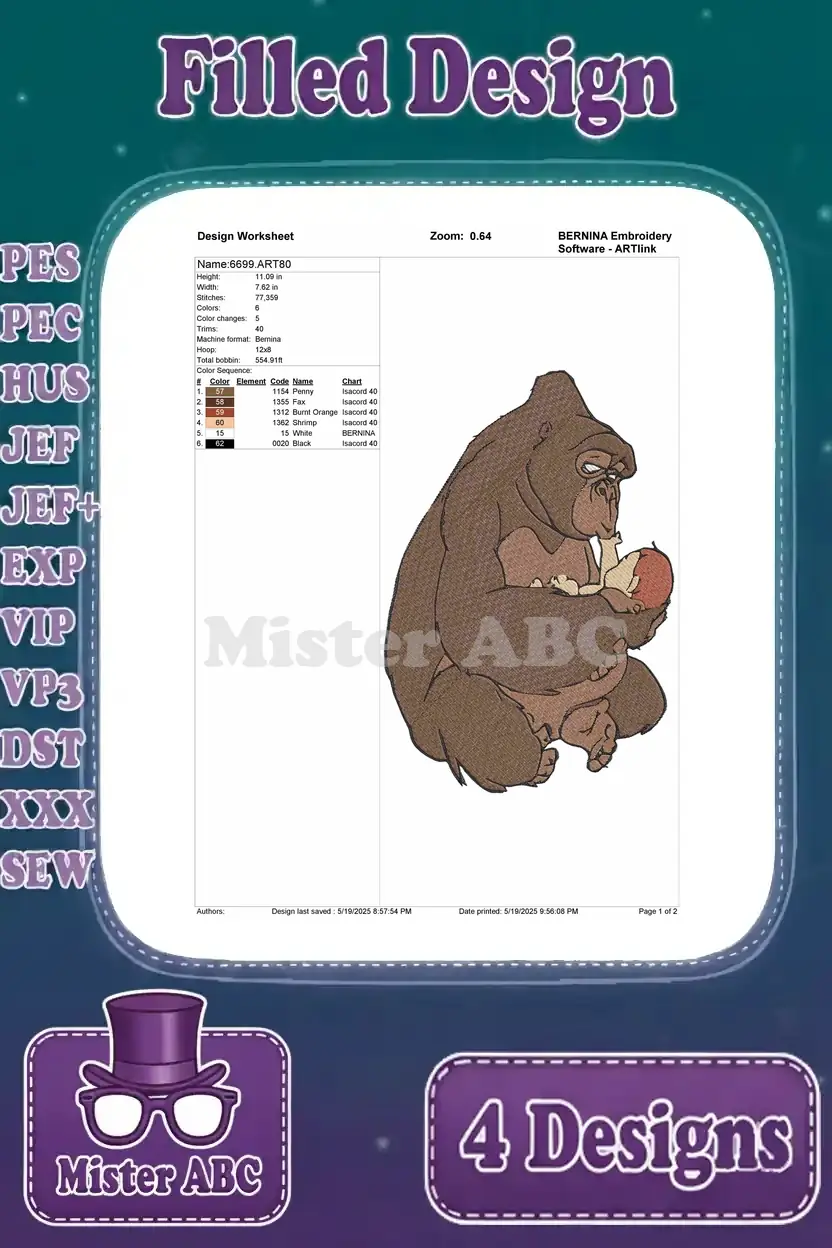 Design worksheet for a filled embroidery of Kerchak holding baby Tarzan and an apple, with stitch details.