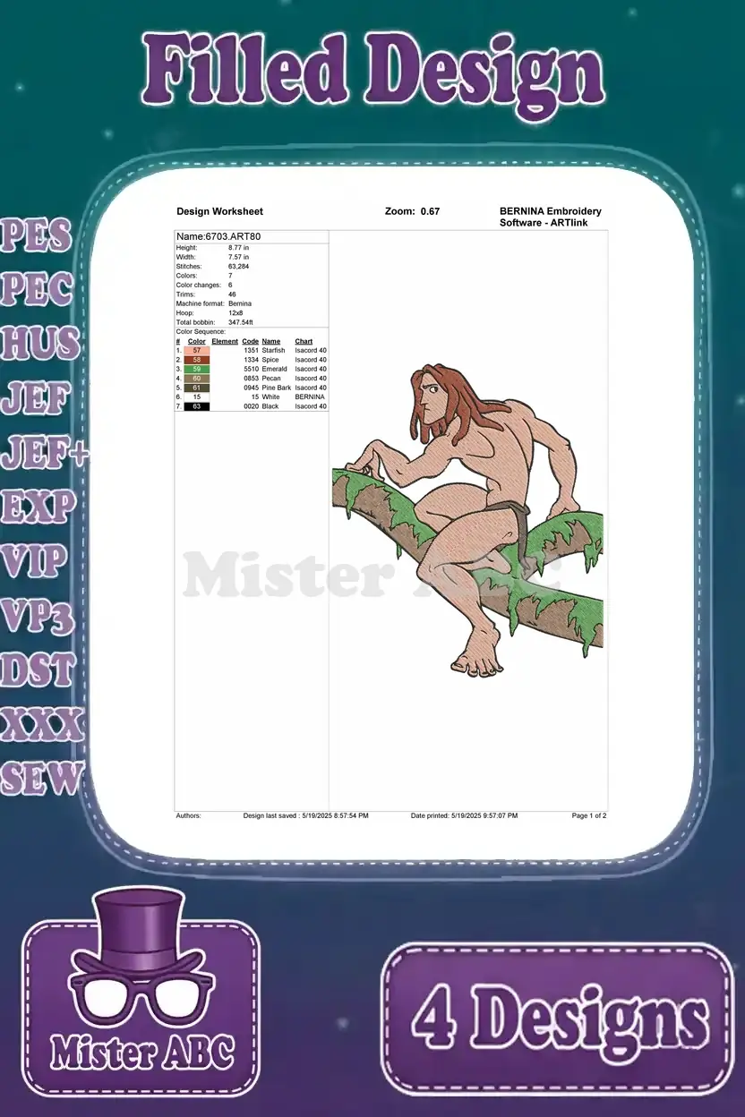 Design worksheet for the second Tarzan embroidery design, outlining stitch specifications and color details.