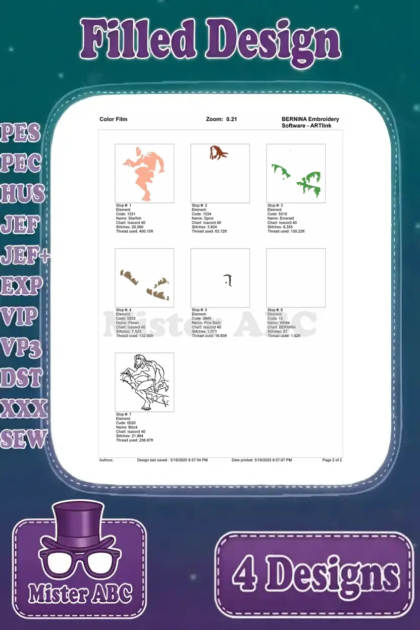 Color film breakdown for the second Tarzan embroidery design, illustrating thread sequence and layers.