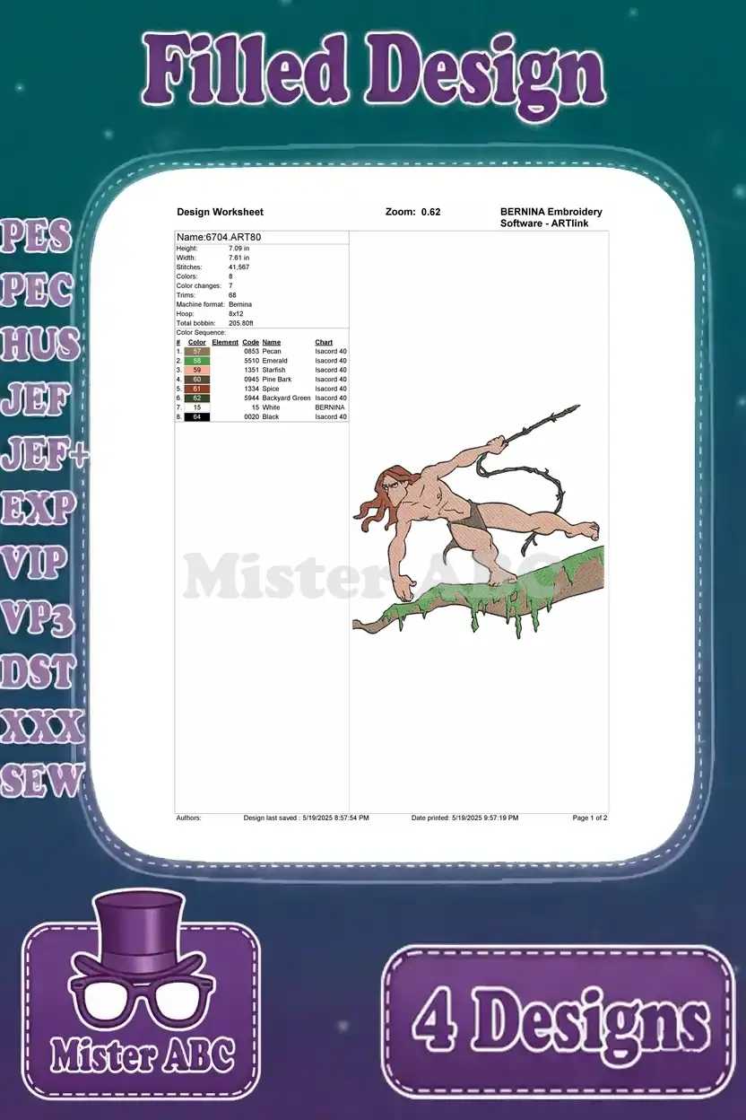 Design worksheet for the third Tarzan embroidery design, listing stitch counts, colors, and hoop requirements.
