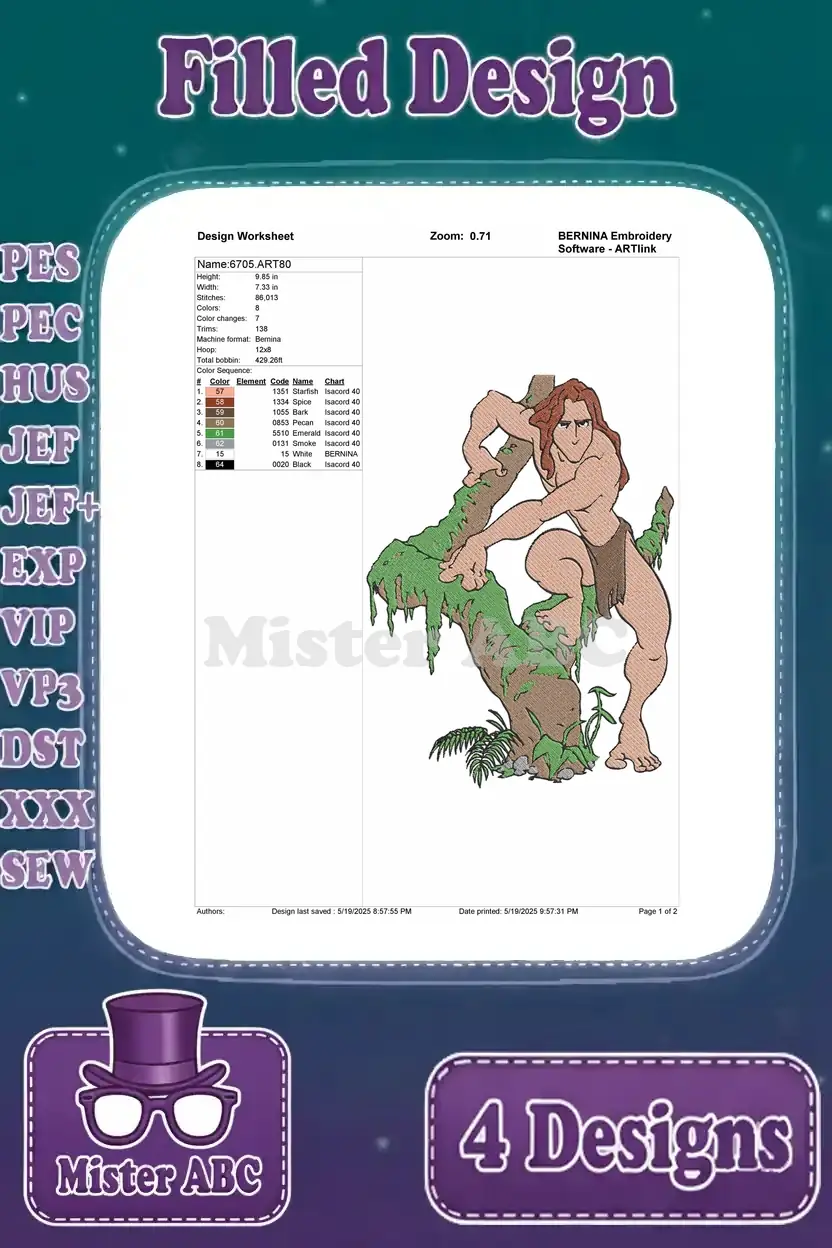 Design worksheet for the fourth Tarzan embroidery design, detailing stitch count, colors, and hoop specifics.