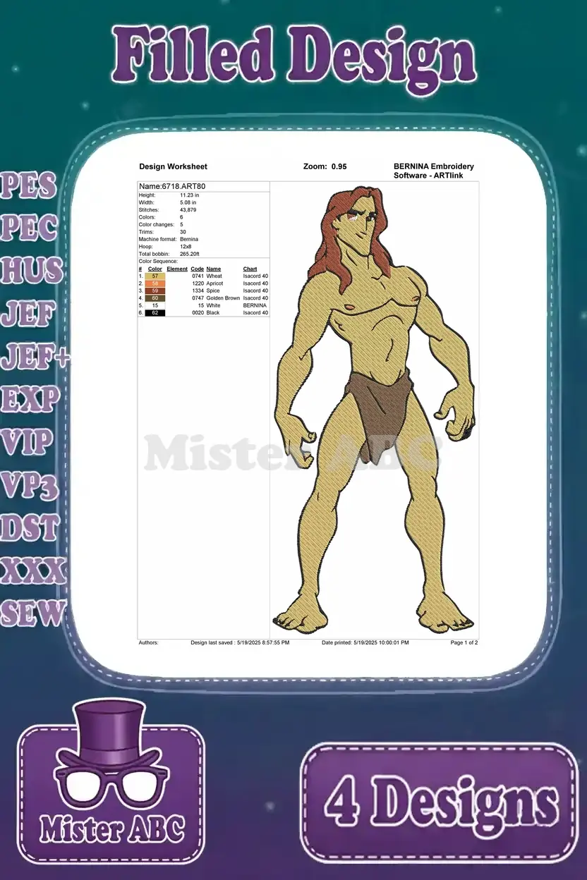 Detailed design worksheet for the standing Tarzan filled embroidery, showing stitch count, colors, and dimensions.