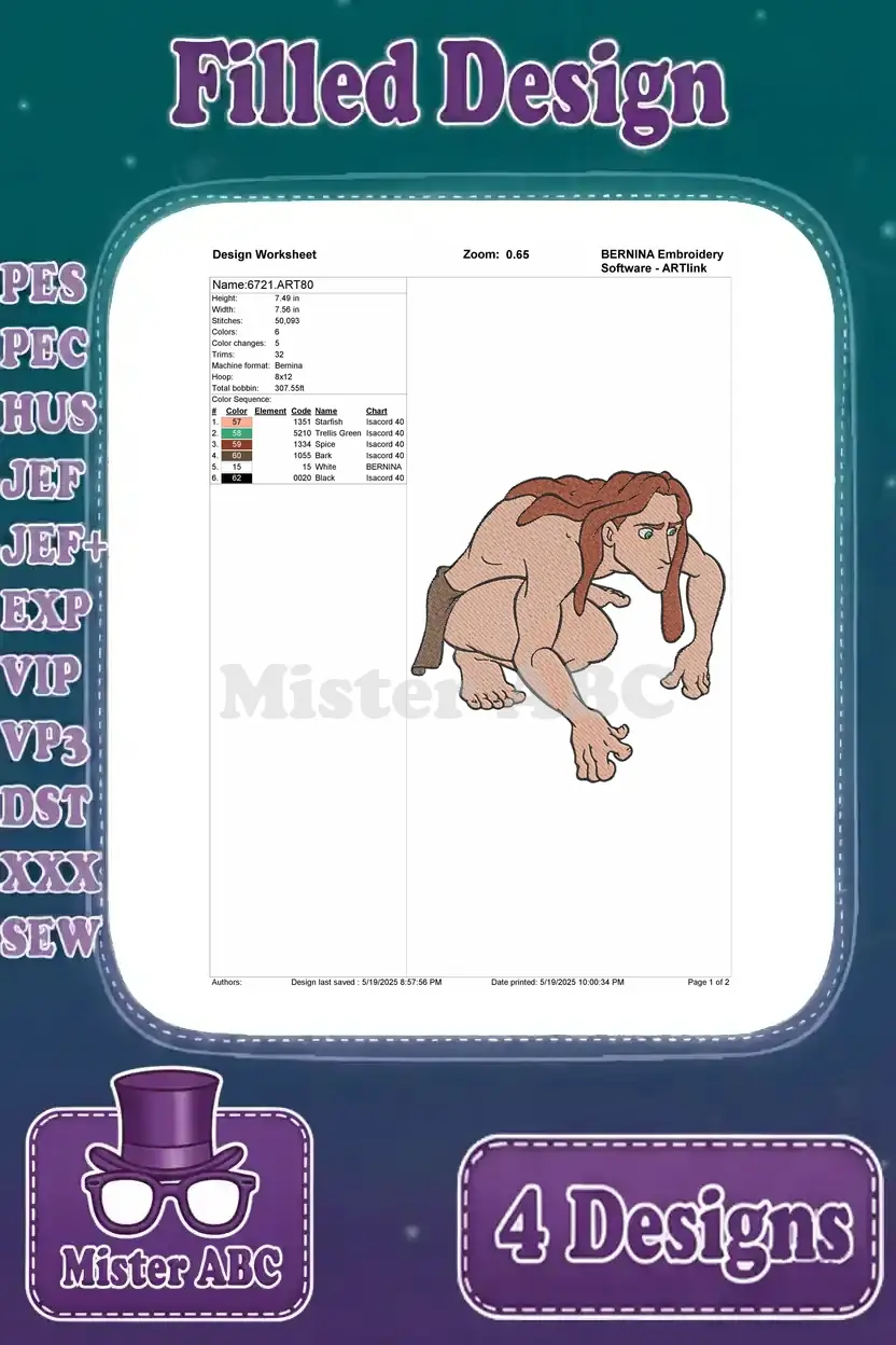 Design worksheet for the second crouching Tarzan pose, with detailed stitch count, color chart, and size.