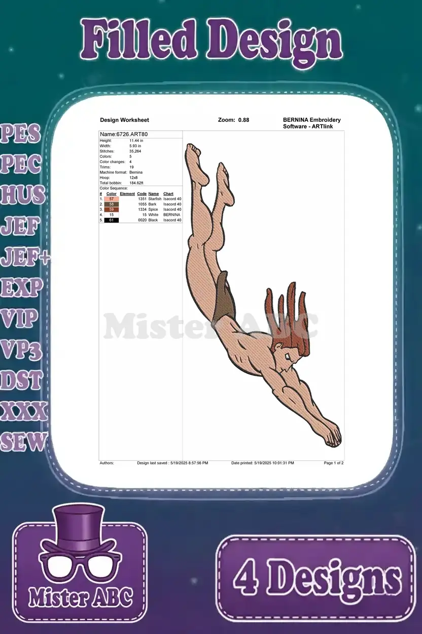 Detailed design worksheet for the first Tarzan embroidery, showing stitch count, color sequence, and size.