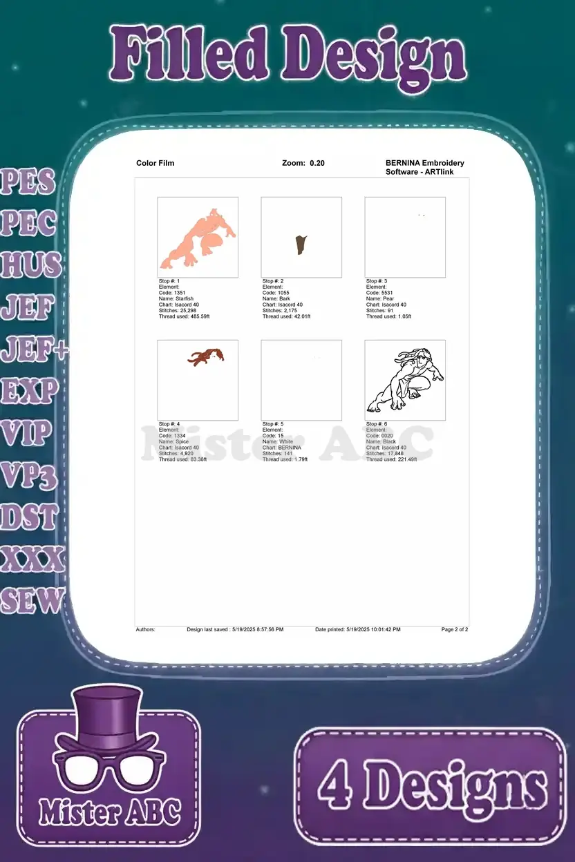 Color film breakdown for the Tarzan crouching pose, illustrating stitch order and thread usage for each section.