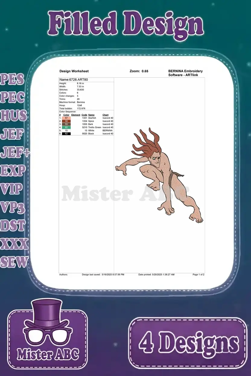 Detailed design worksheet for the third Tarzan embroidery, showing stitch count, color sequence, and size.