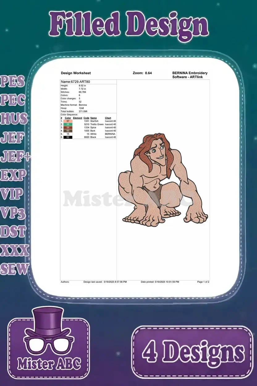 Detailed design worksheet for the fourth Tarzan embroidery, showing stitch count, color sequence, and size.