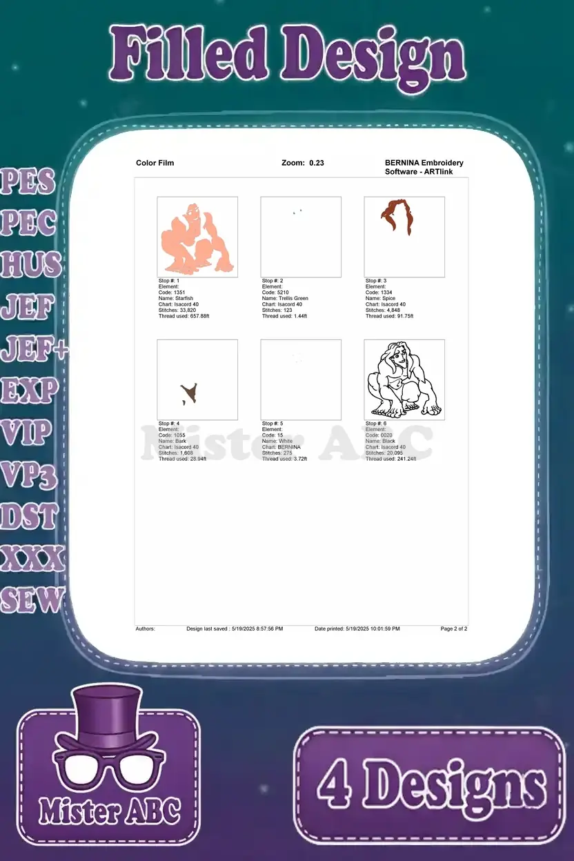 Color film breakdown for the Tarzan seated pose, illustrating stitch order and thread usage for each section.