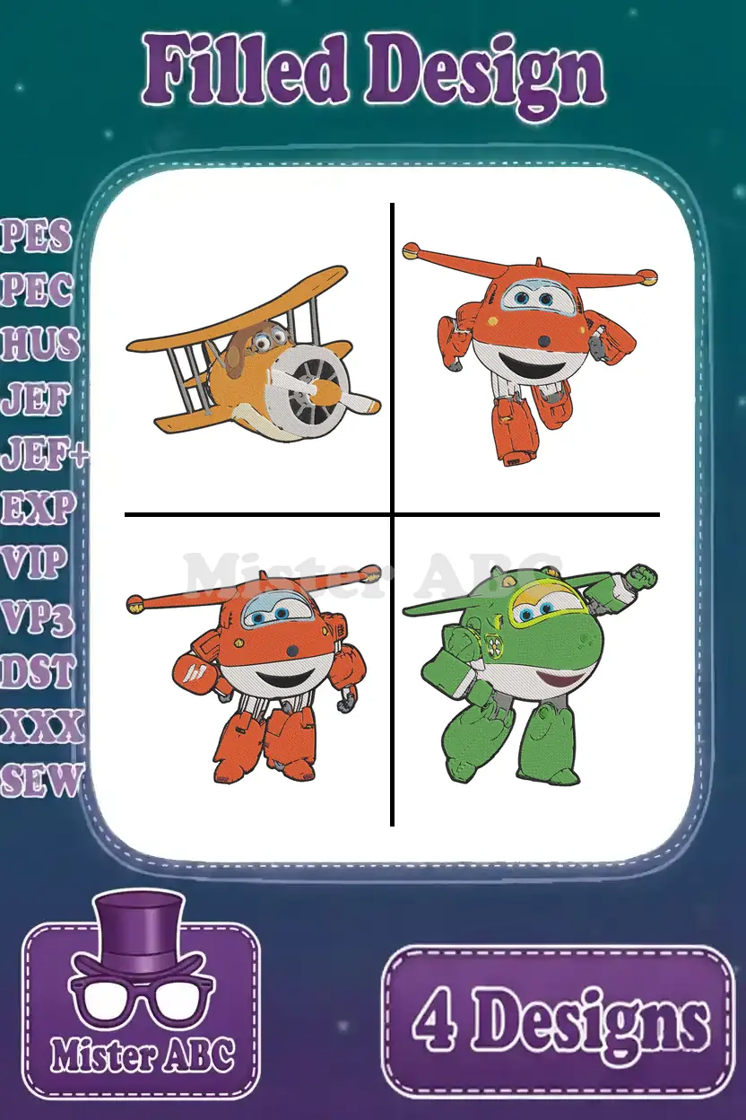 A colorful Super Wings embroidery bundle featuring Jett, Donnie, and Dizzy as filled designs, ready for machine stitching.