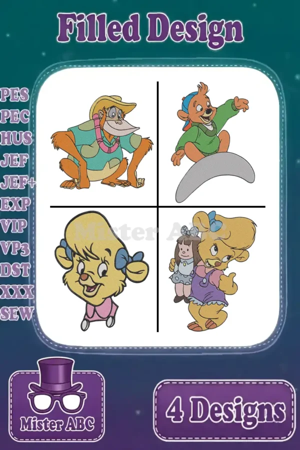 A main product image displaying four distinct filled embroidery designs featuring characters like Goofy, Max, Pistol Pete, and Roxanne.