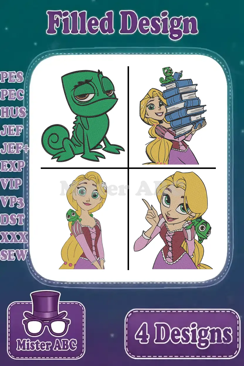 A vibrant grid showcasing four enchanting filled embroidery designs featuring Rapunzel and Pascal from Disney's Tangled.