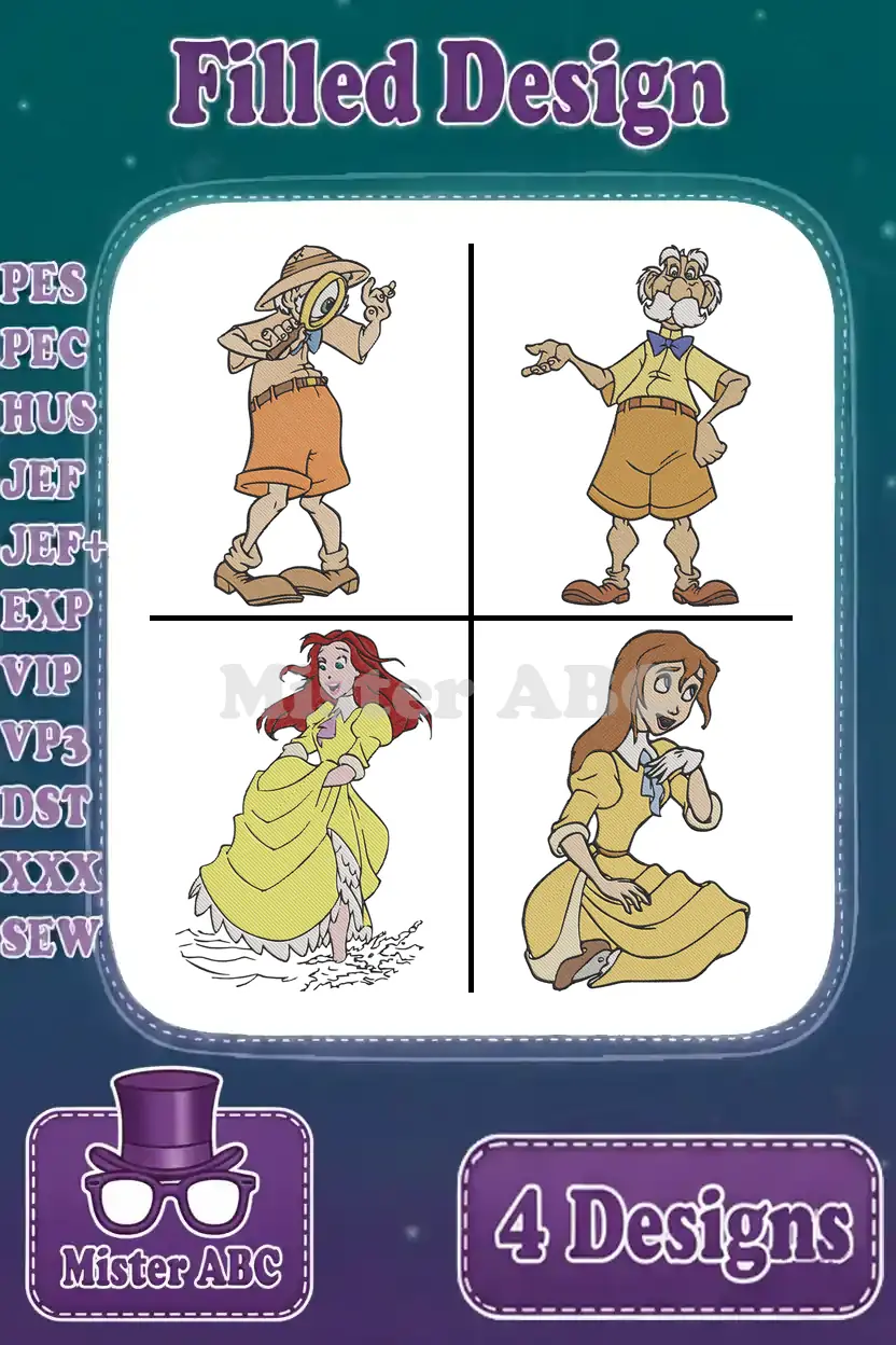 A vibrant embroidery bundle featuring four filled designs from Tarzan: Professor Porter, Archimedes, and Jane Porter.