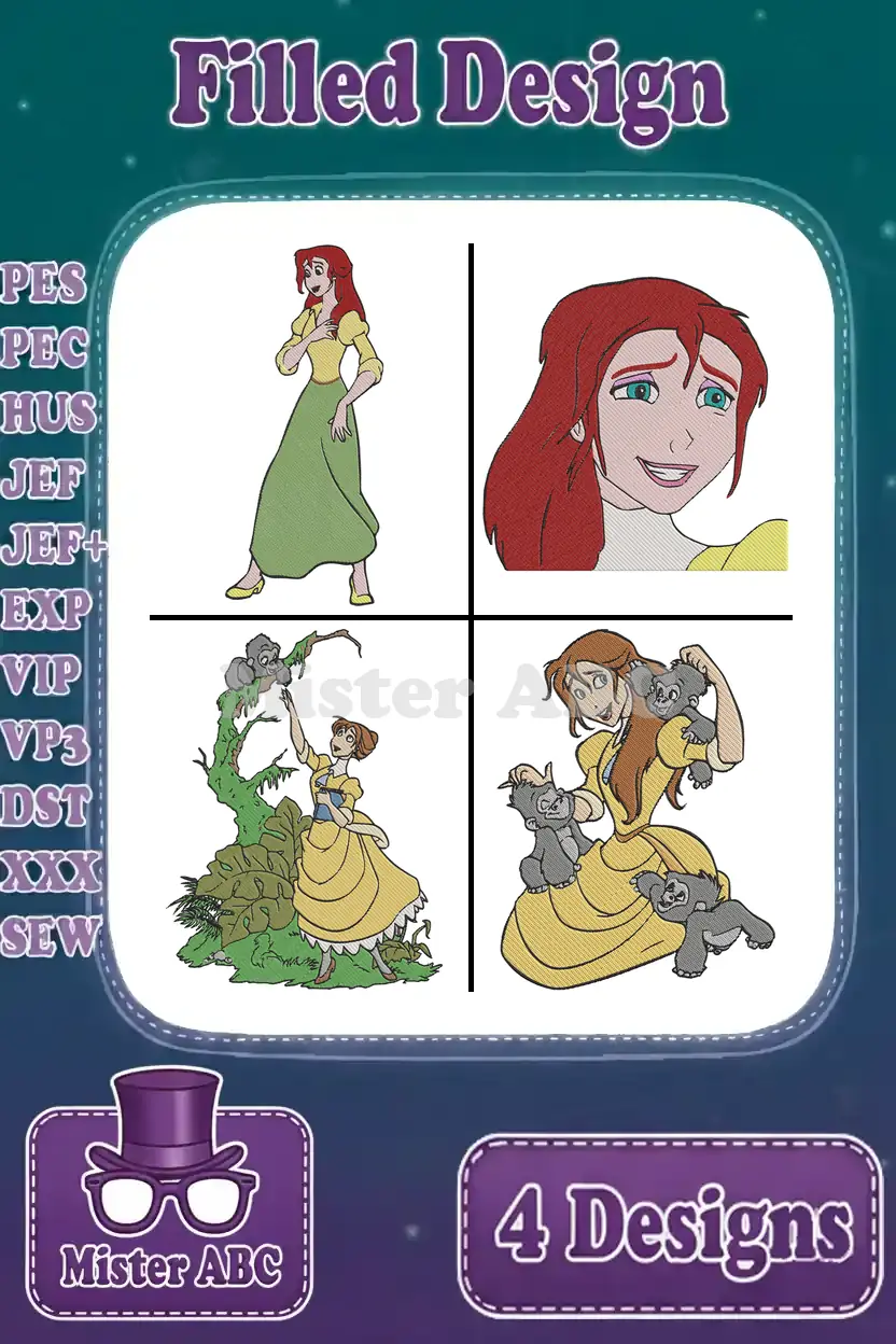 A collage of four filled embroidery designs featuring Jane Porter from Disney's Tarzan, with file formats listed.