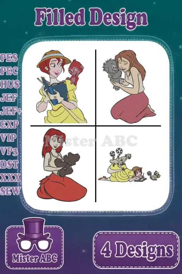 Four vibrant filled embroidery designs featuring Jane Porter with her beloved jungle companions in various heartwarming poses.