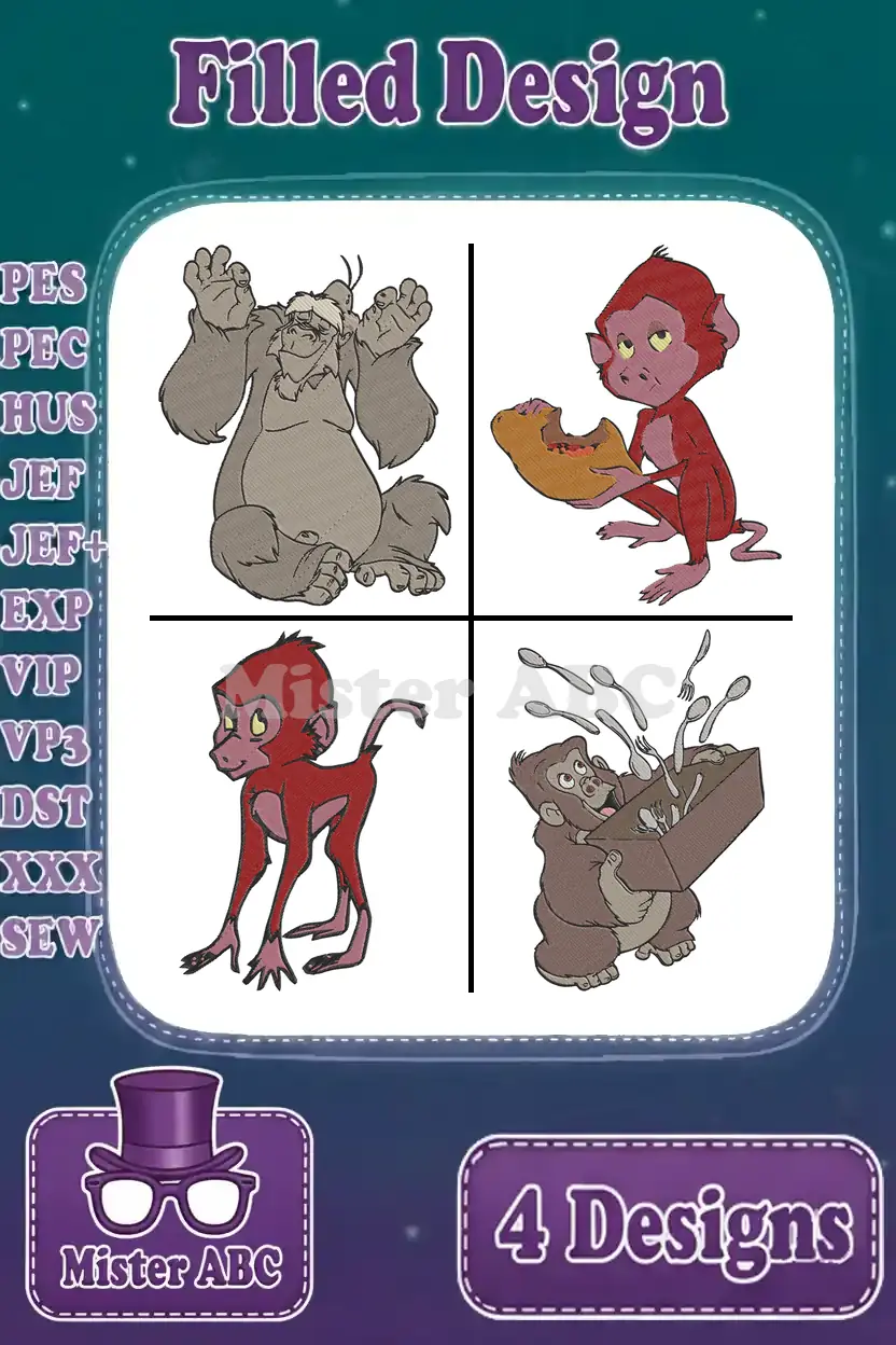 Four vibrant filled embroidery designs featuring Baloo, a monkey eating, a standing monkey, and an ape with spoons, ready for diverse projects.