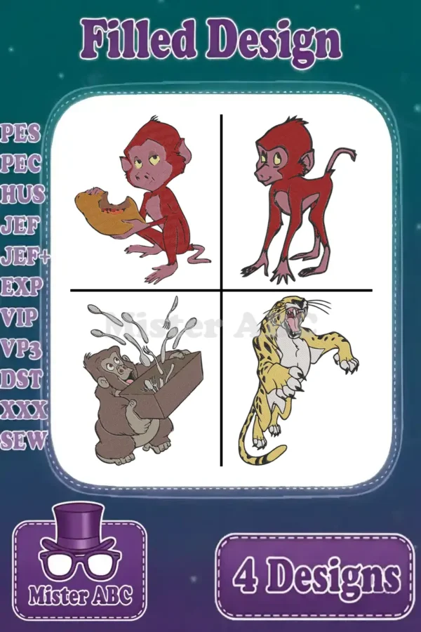A vibrant bundle showcasing four filled embroidery designs featuring King Louie, Mowgli, and Shere Khan characters.
