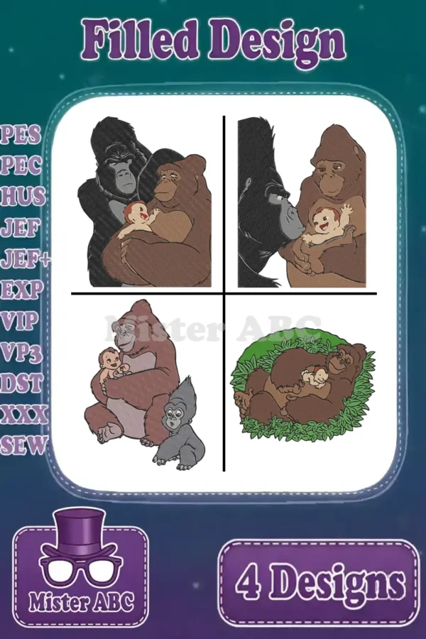 Main image displaying a bundle of four filled embroidery designs featuring Tarzan's gorilla family: Kala, Kerchak, and baby. Includes various file formats.