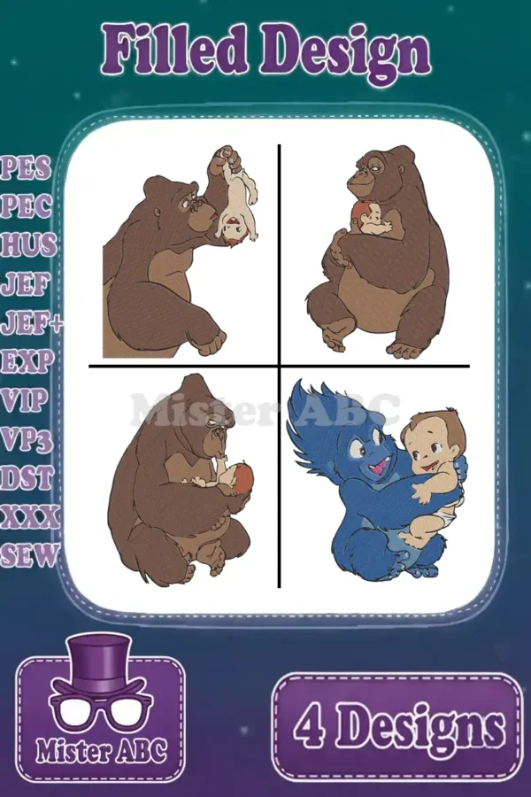 Four filled embroidery designs featuring Tarzan characters: Kala, Kerchak, and Terk with baby Tarzan, showcasing different heartwarming poses. Available in multiple machine formats.
