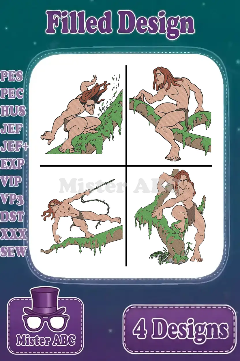 A bundle of four Tarzan-themed filled embroidery designs, showcasing the jungle hero in various dynamic poses.