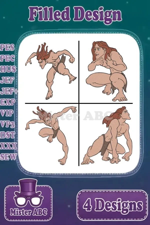 A grid of four filled embroidery designs featuring Tarzan in various action poses, ready for diverse crafting projects.