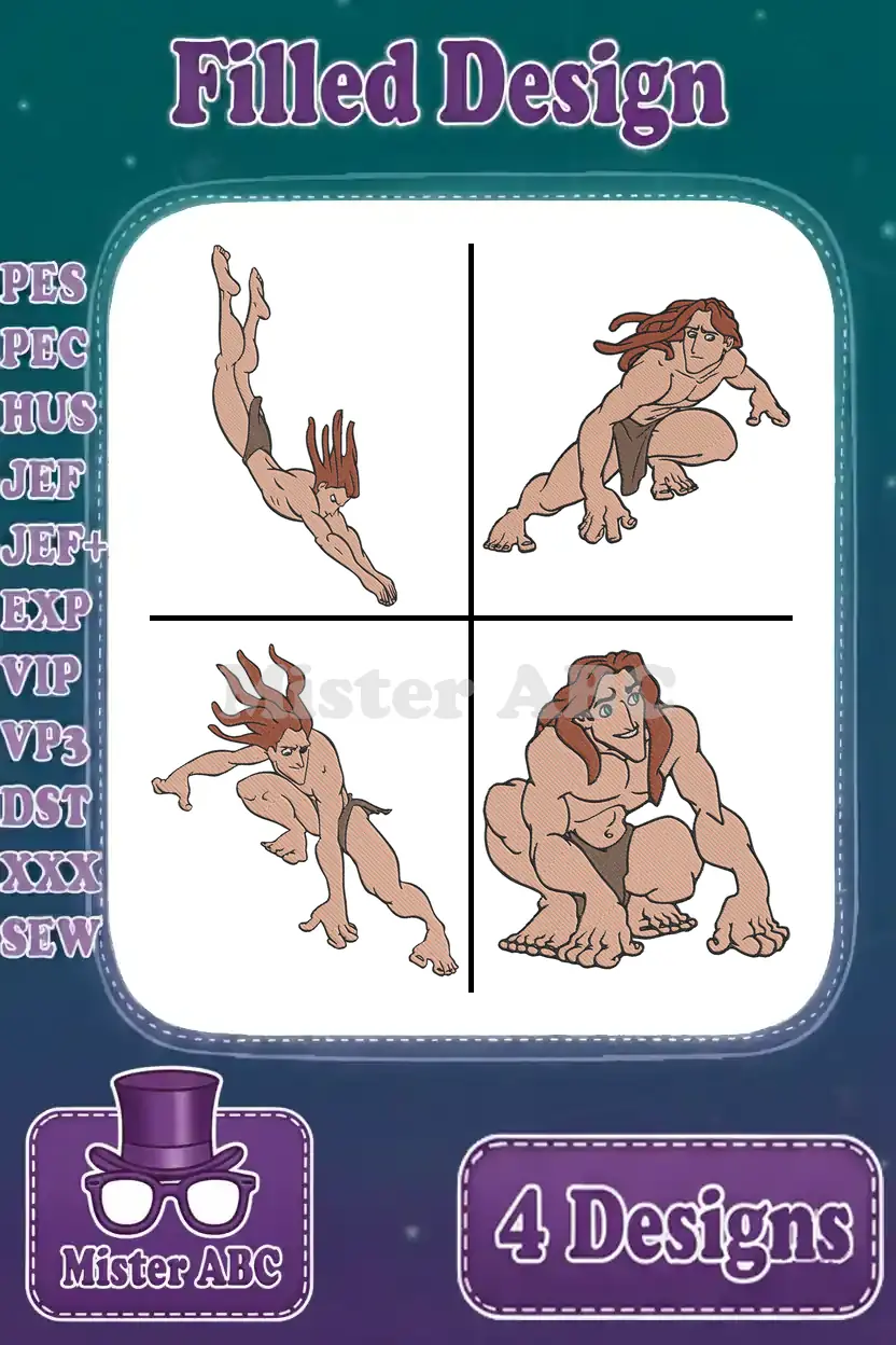 Overview of four dynamic Tarzan filled embroidery designs, ready for various machine formats like PES, JEF, DST.