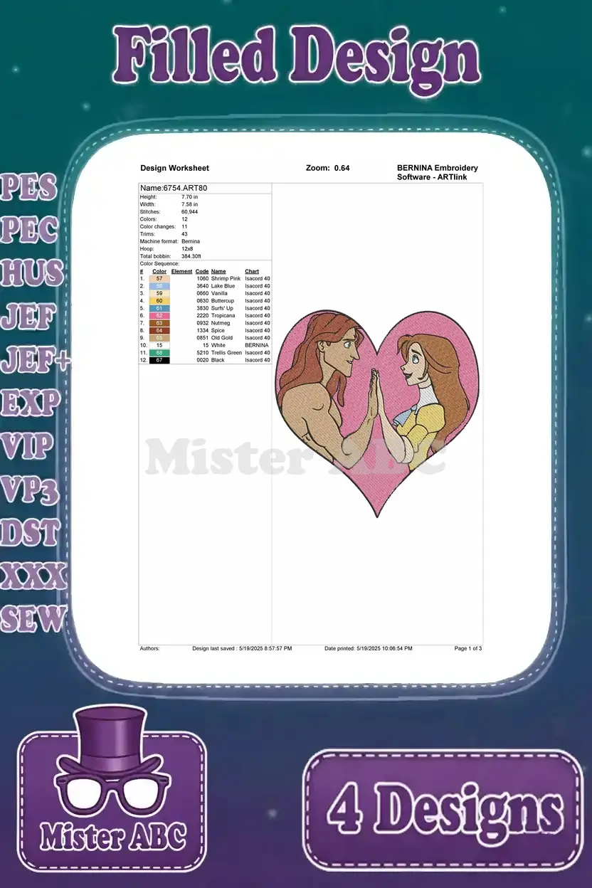 Embroidery design worksheet for Tarzan and Jane in a heart outline, showing thread colors, stitch count, and design info.
