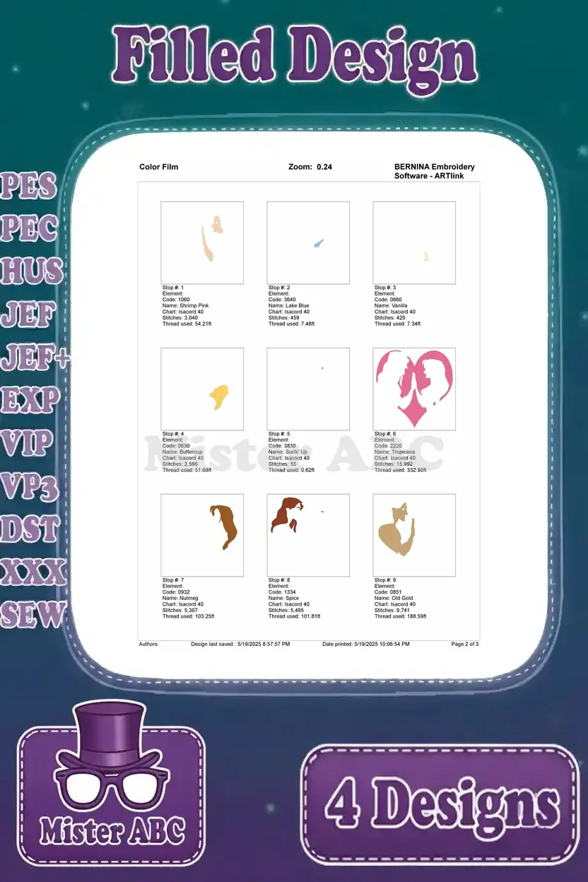 First page of the color film for the Tarzan and Jane heart embroidery design, showing thread application sequence.