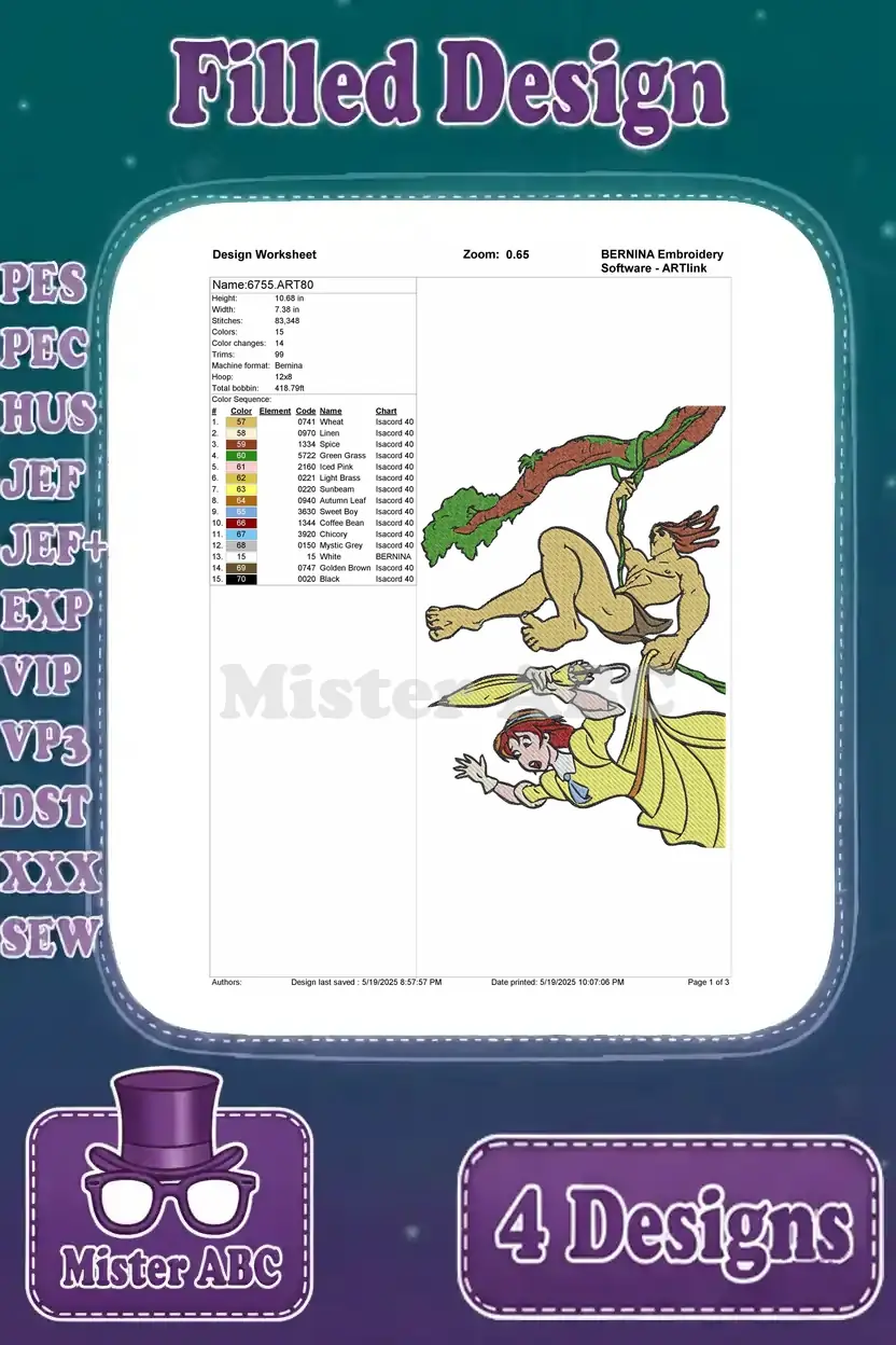 Embroidery design worksheet for Tarzan swinging on a vine with Jane looking up, detailing colors and stitches.