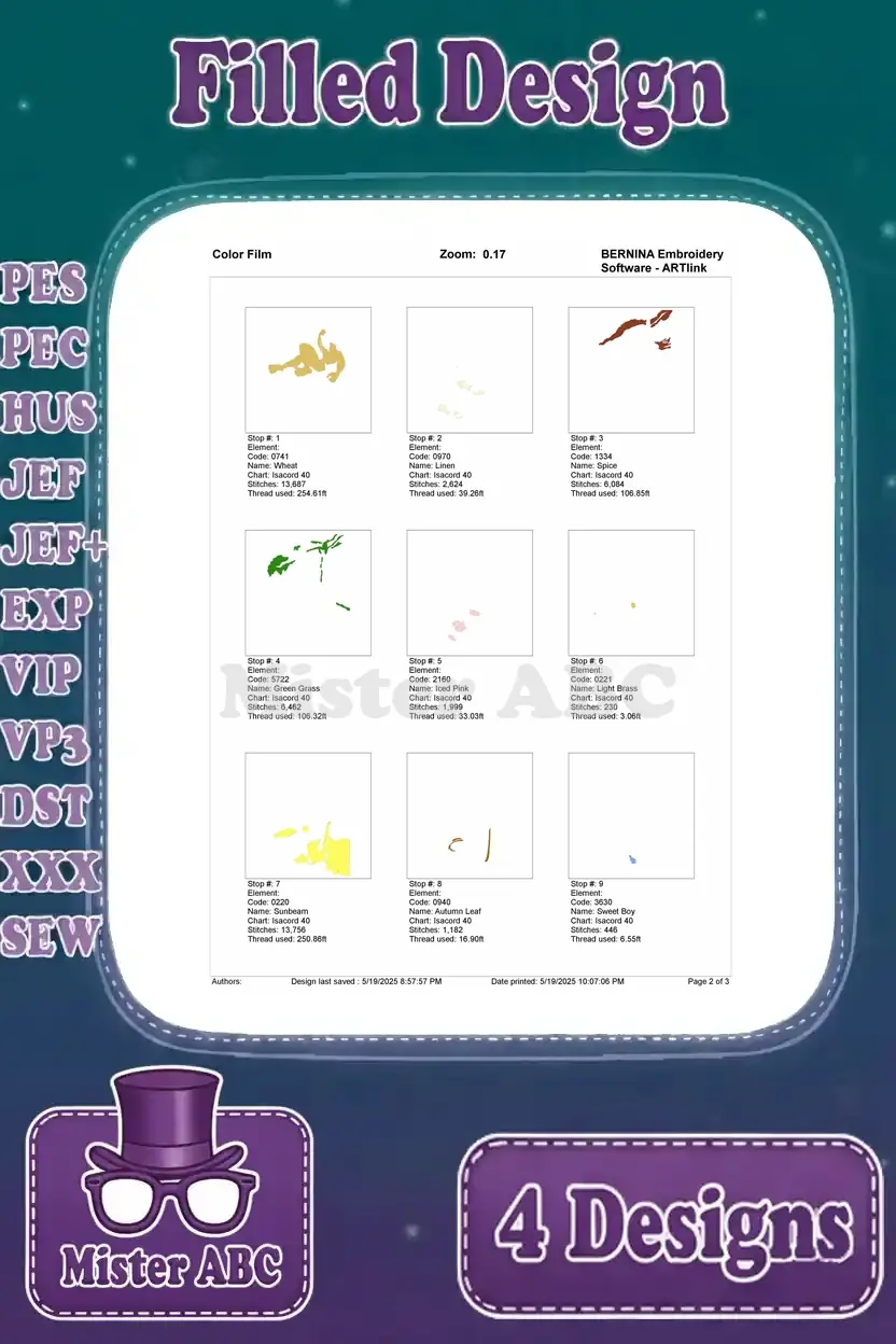 First page of the color film for the Tarzan swinging with Jane embroidery design, showing initial thread application.