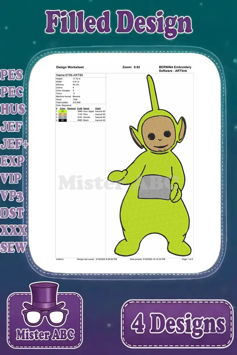 A detailed design worksheet for the green Teletubby (Dipsy) filled embroidery design, showing thread colors and stitch count.