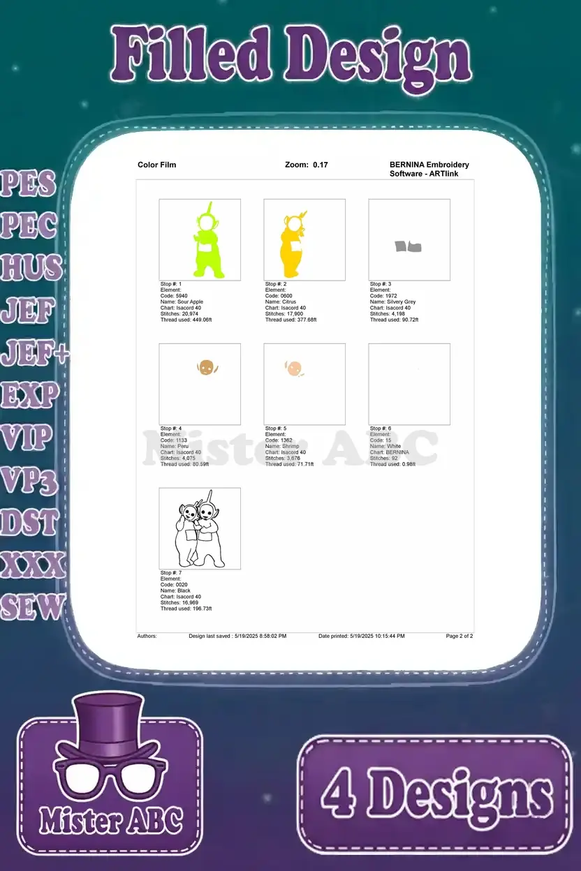 A color film preview showing the stitch sequence for the two Teletubbies (Laa-Laa and Dipsy) embroidery design.