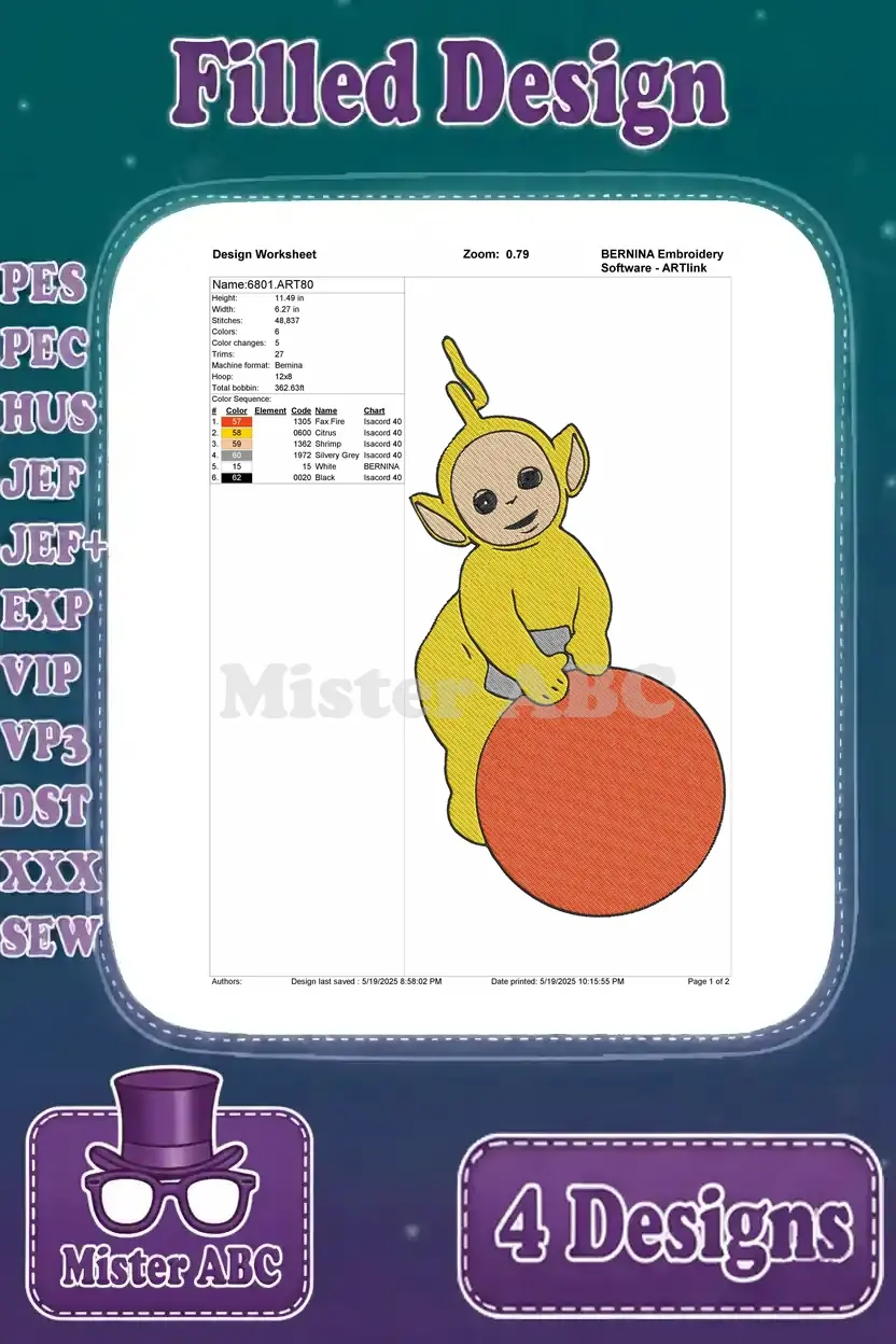 A design worksheet for Laa-Laa (yellow Teletubby) with a red ball filled embroidery design, including thread details.