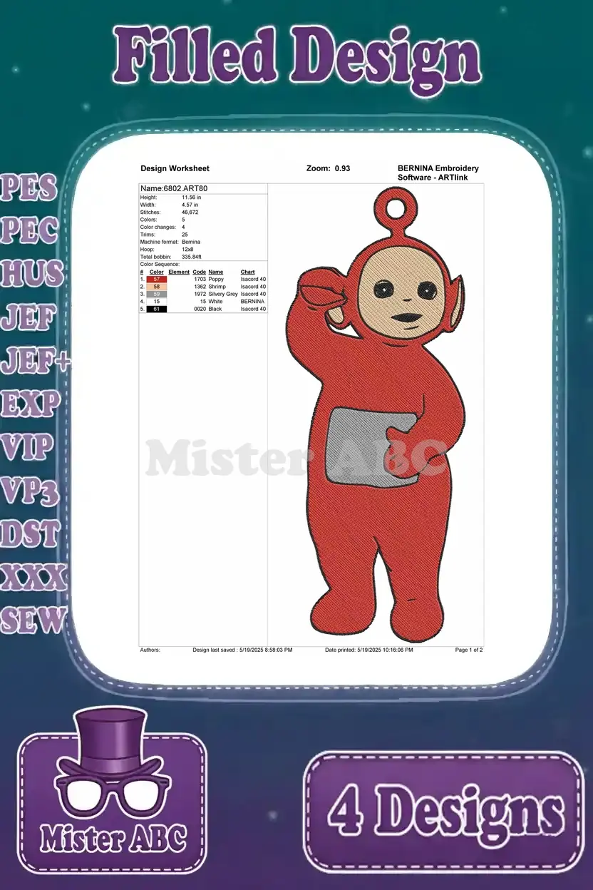 A detailed design worksheet for the red Teletubby (Po) filled embroidery design, showing thread colors and stitch count.