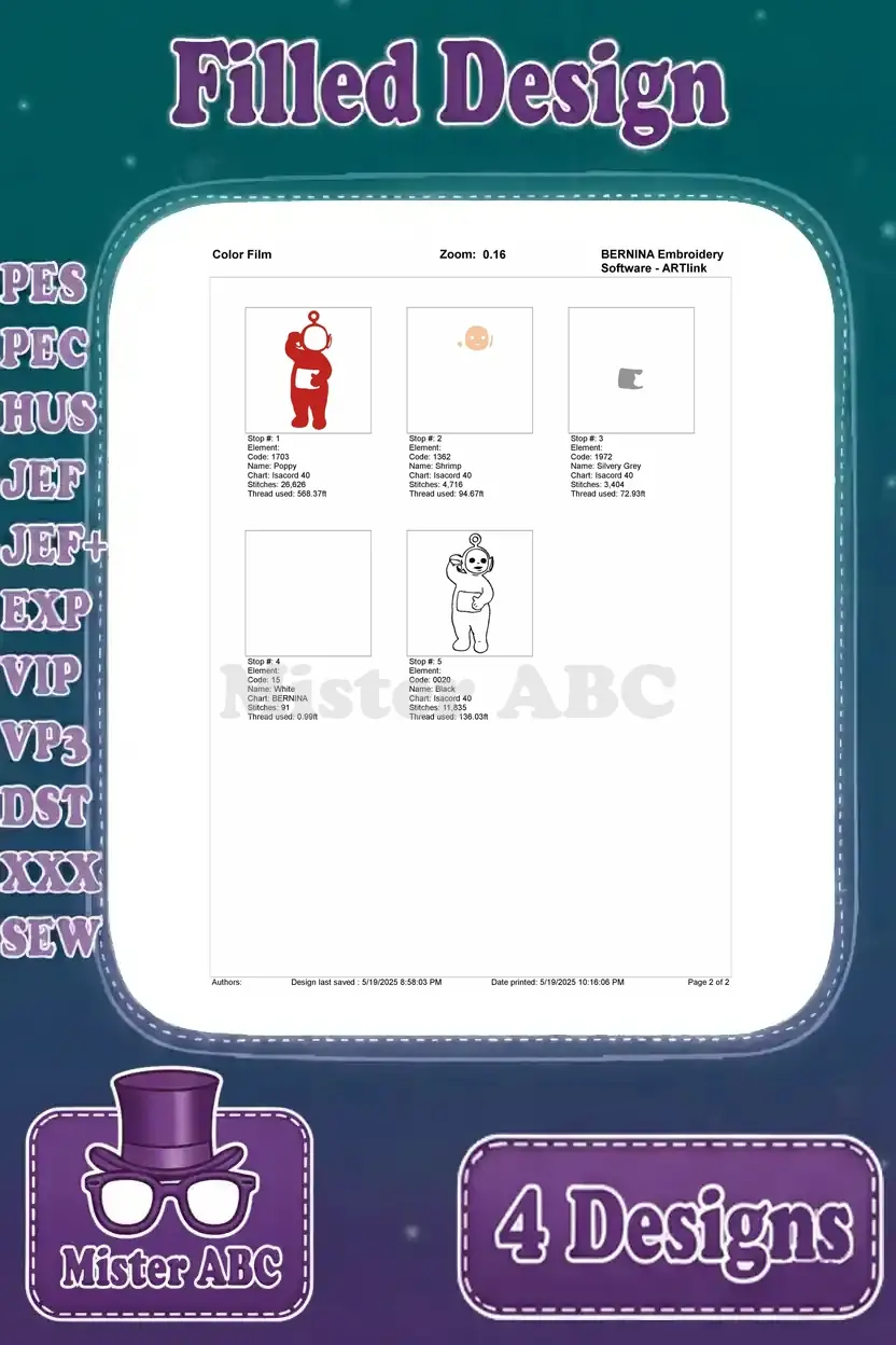 A color film preview showing the stitch sequence for the red Teletubby (Po) embroidery design.