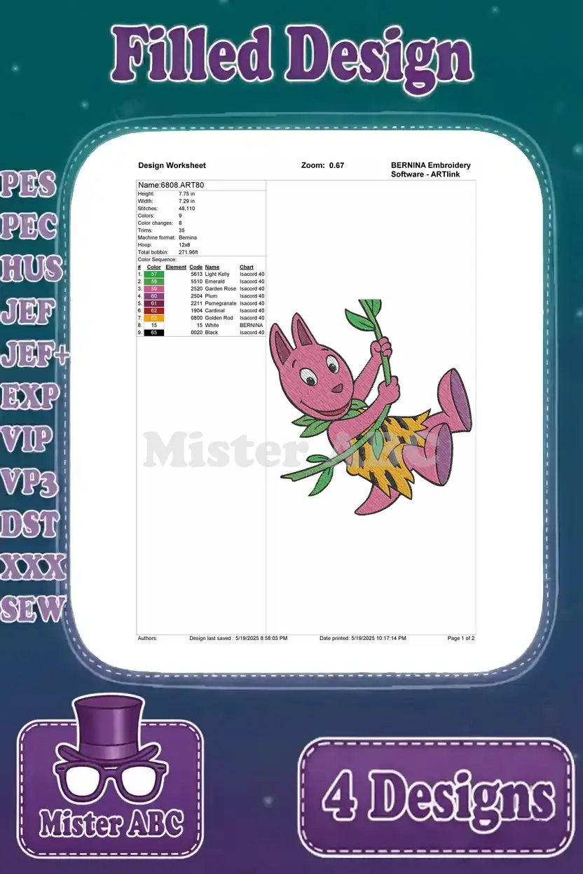 Design worksheet for the third Austin embroidery design (caveman pose), with stitch and thread data.