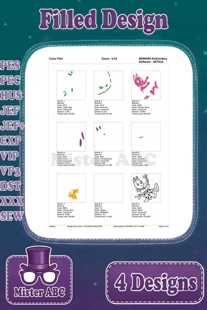 Color film breakdown for the third Austin embroidery design (caveman), illustrating stitch color sequence.