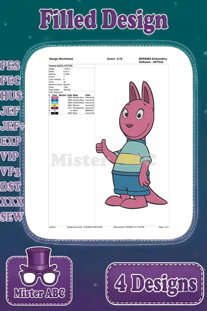 Design worksheet for the fourth Austin embroidery design (thumbs up pose), detailing stitch and color info.