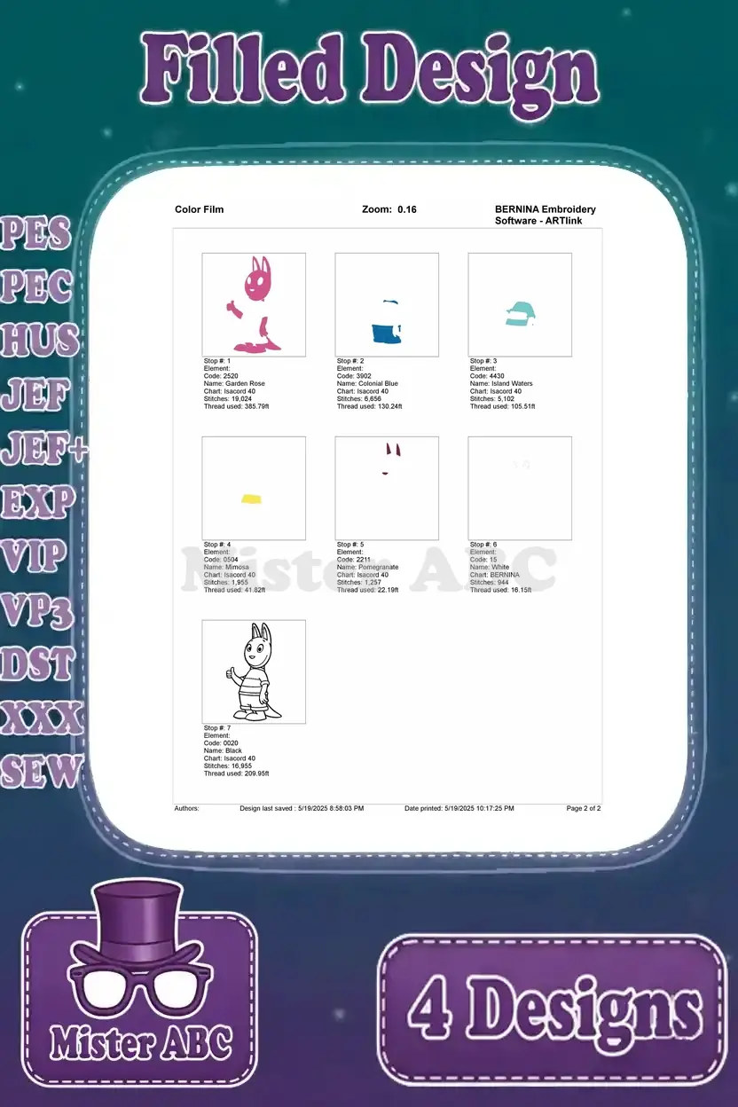 Color film breakdown for the fourth Austin embroidery design (thumbs up), detailing thread color order.