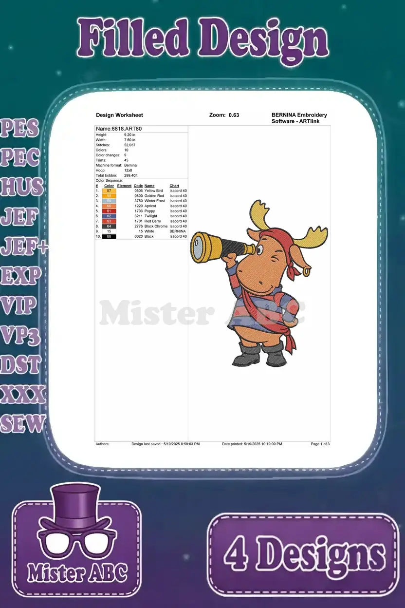 Detailed design worksheet for the Tyrone the moose embroidery, showing stitch count, color sequence, and size.