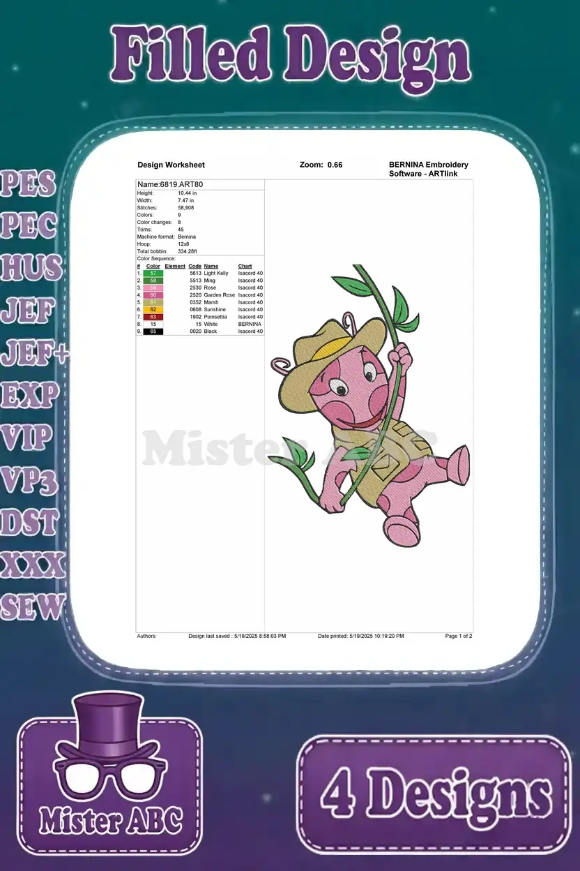 Detailed design worksheet for the Uniqua explorer embroidery, showcasing stitch count, color sequence, and size.