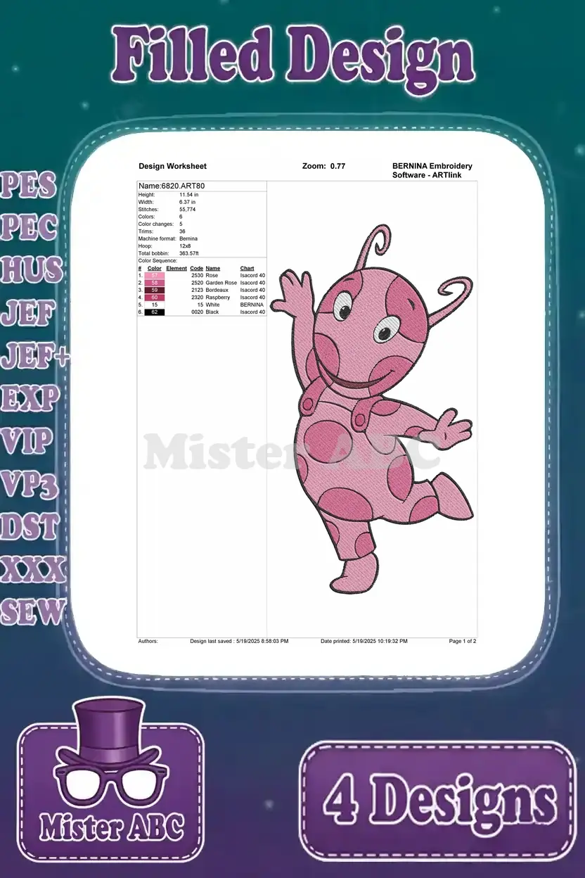 Detailed design worksheet for the dancing Uniqua embroidery, showing stitch count, color sequence, and size.