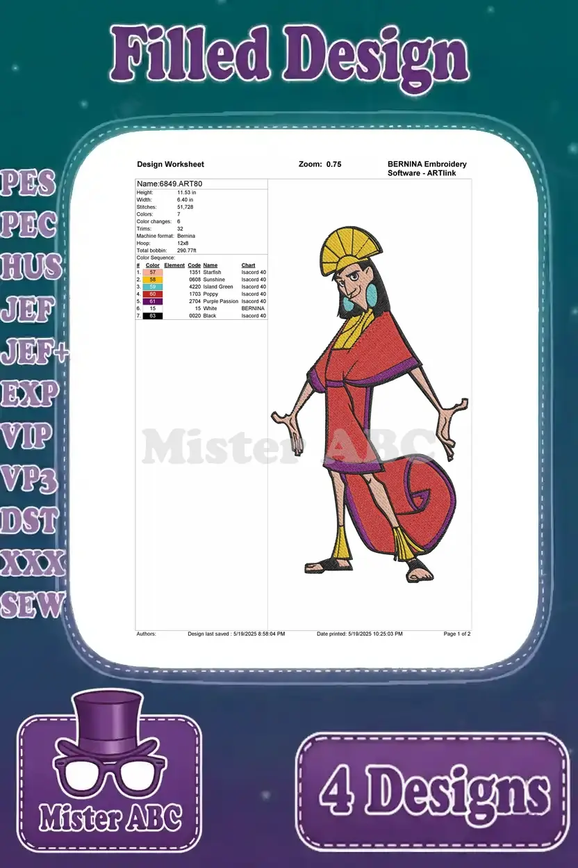 Detailed design worksheet for the first Kuzco filled embroidery pattern, showing stitch count and color sequence.